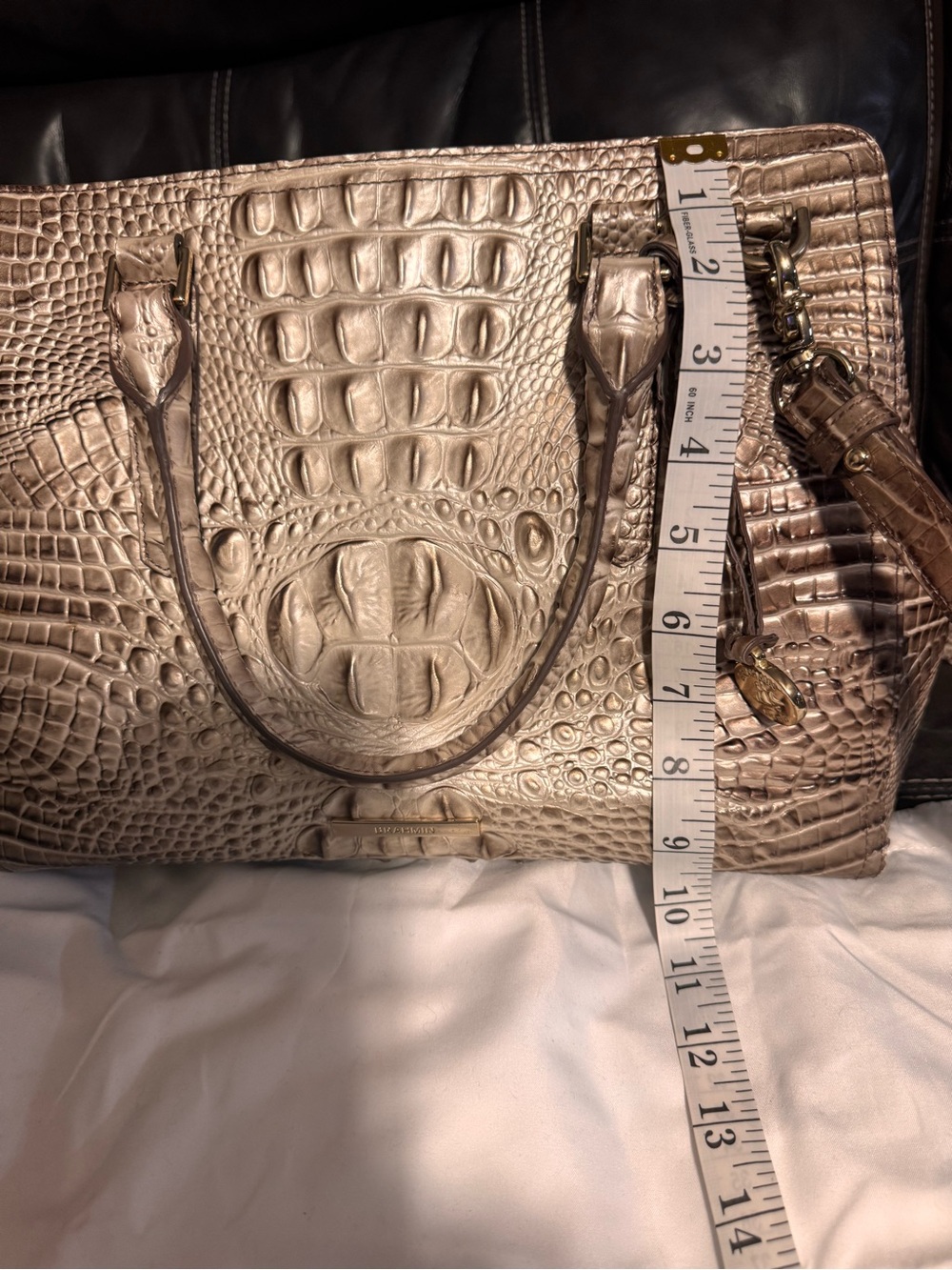 Brahmin Metallic Croc-Embossed Satchel in Champagne Gold with matching credit ca